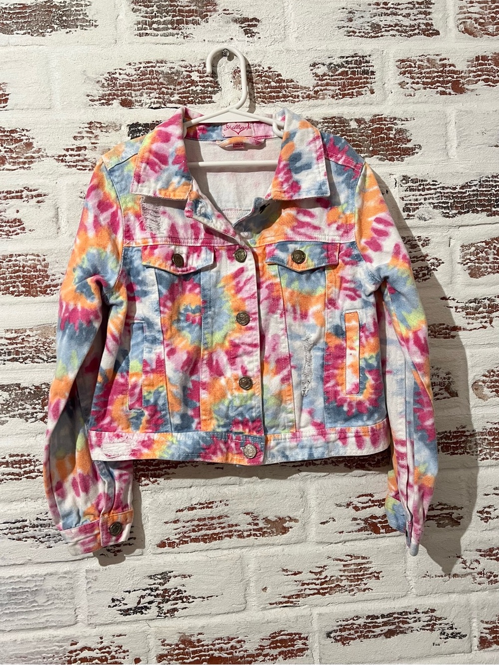 Chillipop Girls Denim Jacket Tie-dyed Multicolor Button Front Distressed 10/12